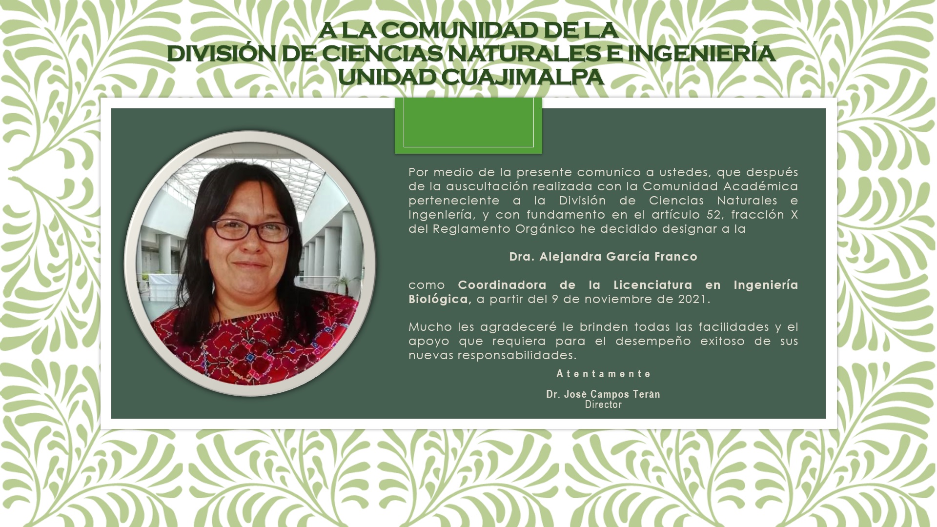 Nombramiento Dra Alejandra García Franco