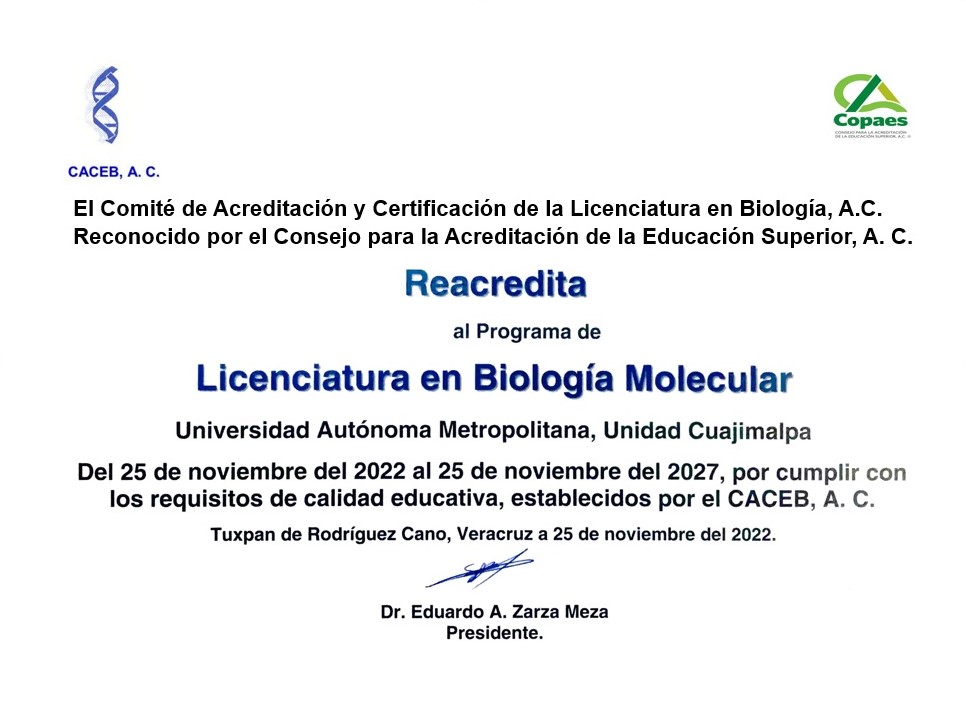 Diploma de acreditación de la Licenciatura en Biología Molecular