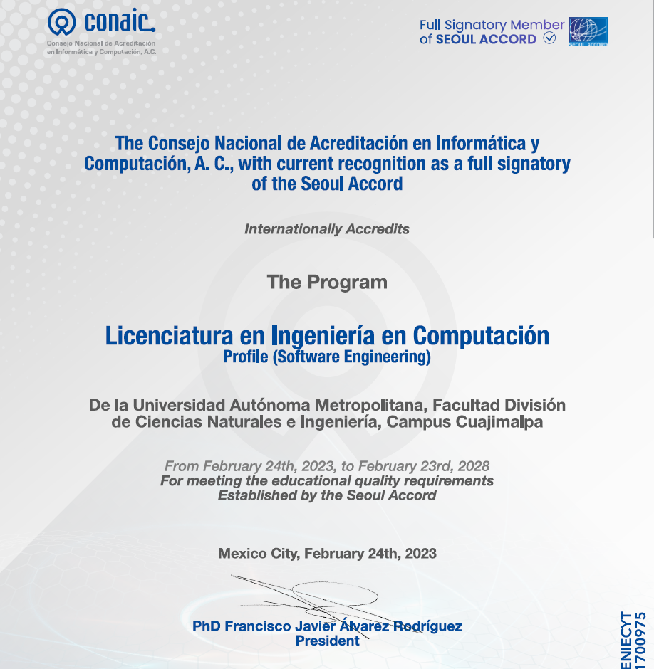 Diploma de acreditación de la Licenciatura en Ingeniería en Computación